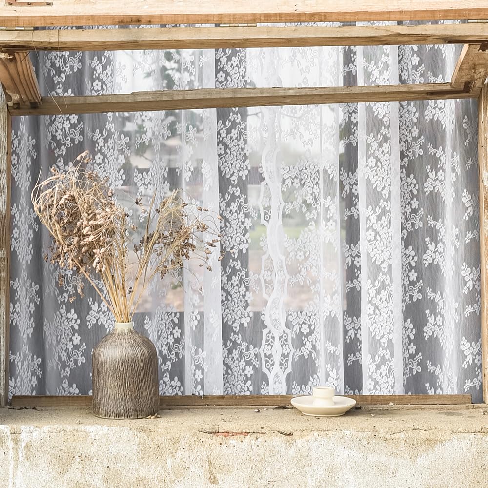 YJ YANJUN Vintage Lace Curtains 84 Inches Long-Victorian Floral Pattern Ivory Sheer Curtain Panels for Living Room Bedroom French Door, Light Filtering Drapes, 2 Panels 52W x 84L Cream