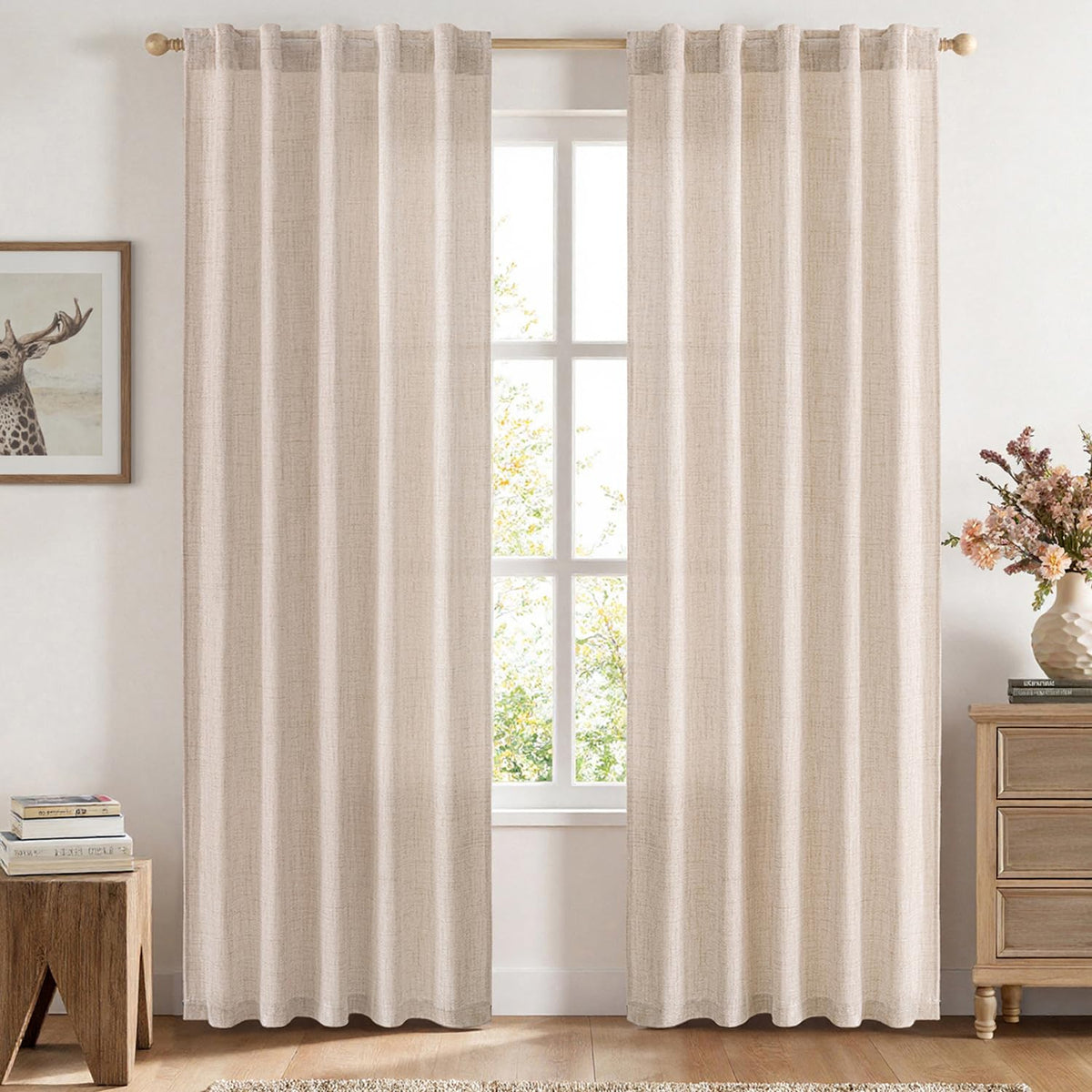 MIULEE Faux Linen Curtains 90 Inch Length 2 Panels Natural Semi Sheer Curtain with Back Tab Rod Pocket, Light Filtering Window Privacy Burlap Drapes for Living Room Bedroom 42W x 90L Linen