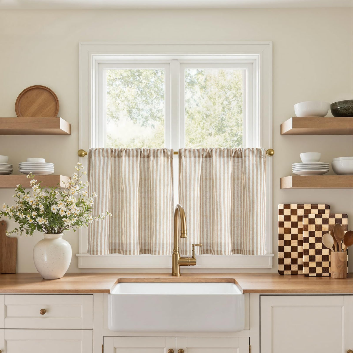 jinchan Striped Linen Kitchen Curtains 36 Inches Length Tier Curtains Farmhouse Modern Cafe Style Small Window Treatments Airy Light Filtering Rod Pocket for Living Room Bathroom 2 Panels Sage Green