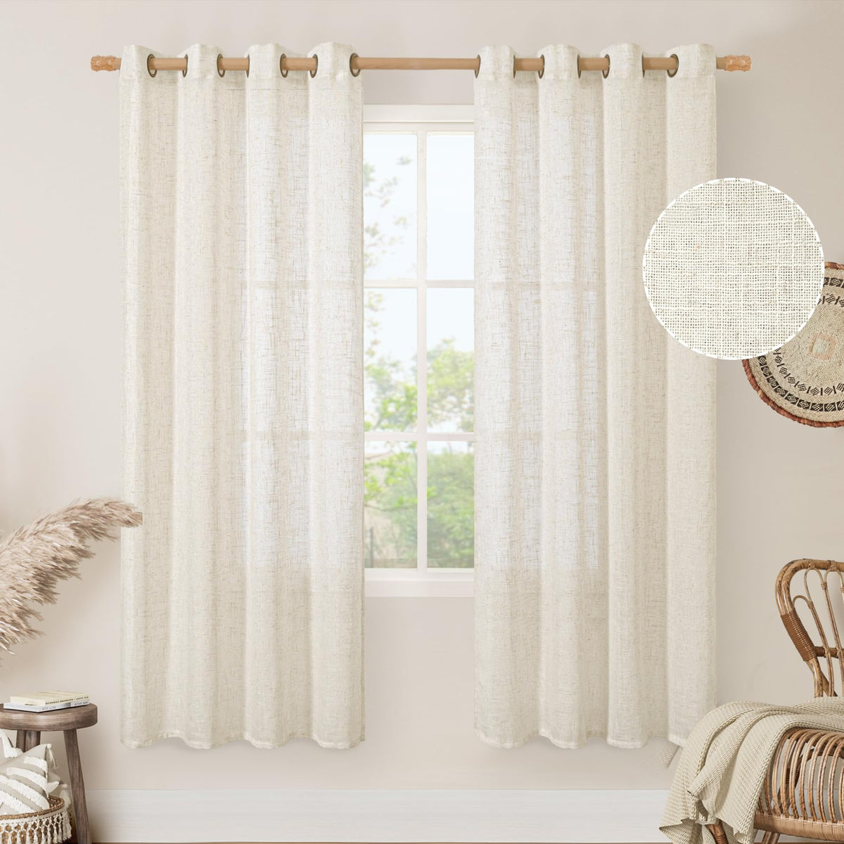 LAMIT Cream Ivory Linen Semi Sheer Curtains 84 inch Length for Bedroom