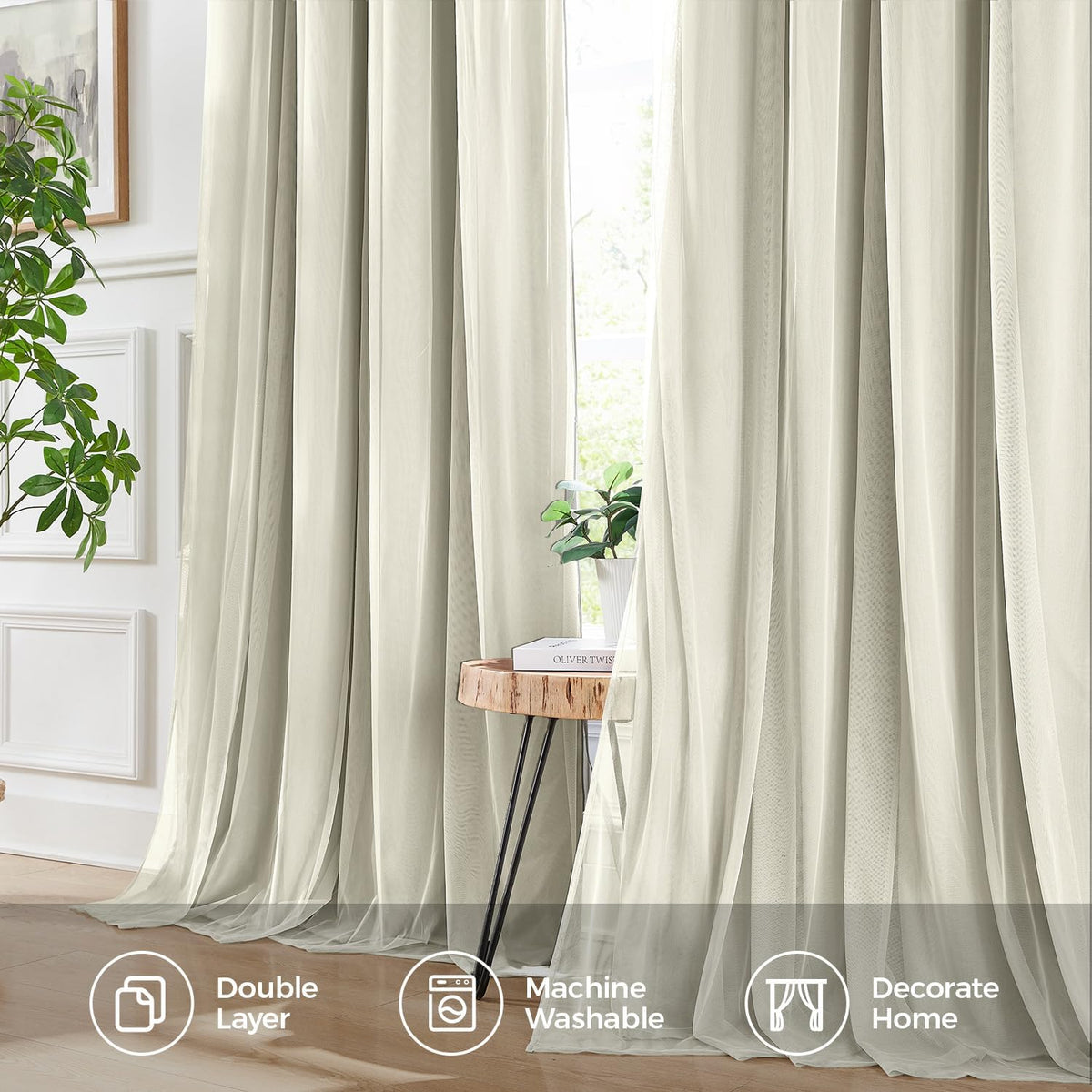 100% Blackout Curtains for Bedroom, Double Layer Ivory 84" L