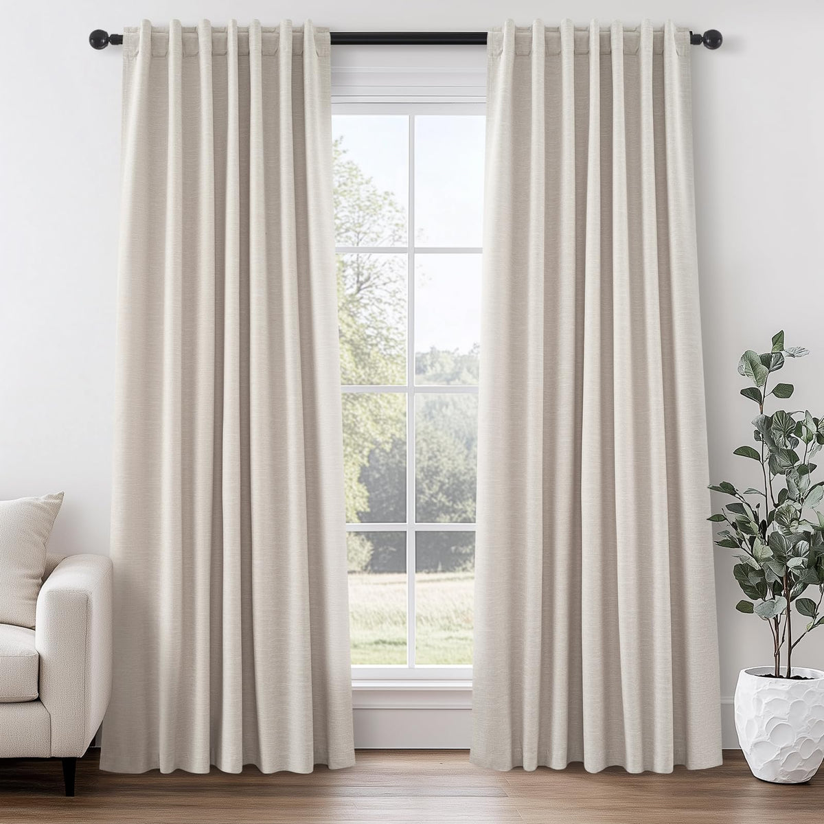Topfinel Linen Blackout Curtains 96 Inch Long, Boho Farmhouse Ivory Birch Viral Drapes Pinch Pleated Curtains with Hooks for Living Room, Neutral 8 FT Back Tab Bedroom Curtains 52" X 96" 2 Panels