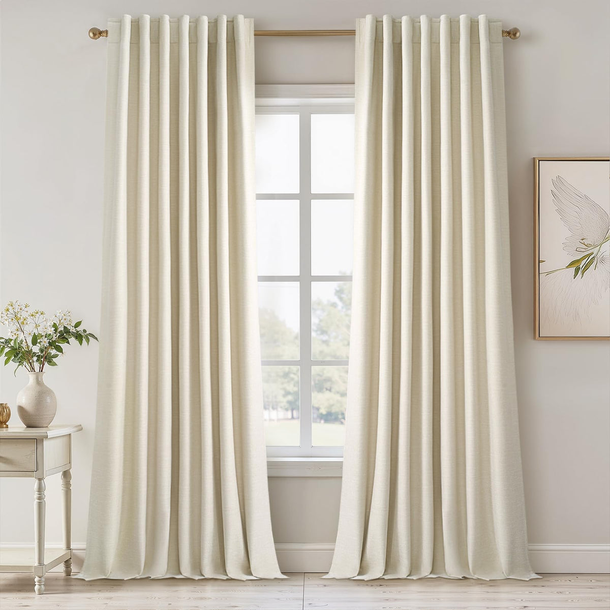 Topfinel Linen Blackout Curtains 96 Inch Long, Boho Farmhouse Ivory Birch Viral Drapes Pinch Pleated Curtains with Hooks for Living Room, Neutral 8 FT Back Tab Bedroom Curtains 52" X 96" 2 Panels