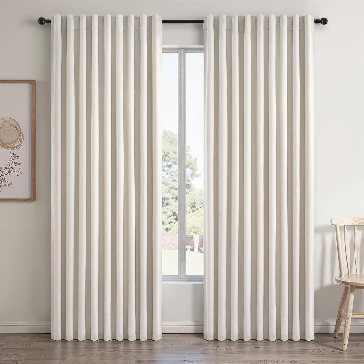 Topfinel Linen Blackout Curtains 96 Inch Long, Boho Farmhouse Ivory Birch Viral Drapes Pinch Pleated Curtains with Hooks for Living Room, Neutral 8 FT Back Tab Bedroom Curtains 52" X 96" 2 Panels