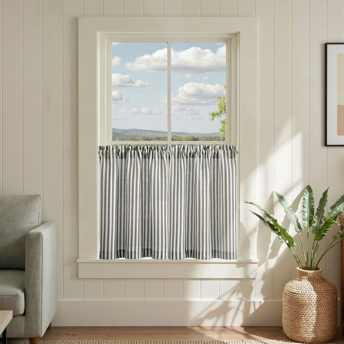 jinchan Striped Linen Kitchen Curtains 36 Inches Length Tier Curtains Farmhouse Modern Cafe Style Small Window Treatments Airy Light Filtering Rod Pocket for Living Room Bathroom 2 Panels Sage Green