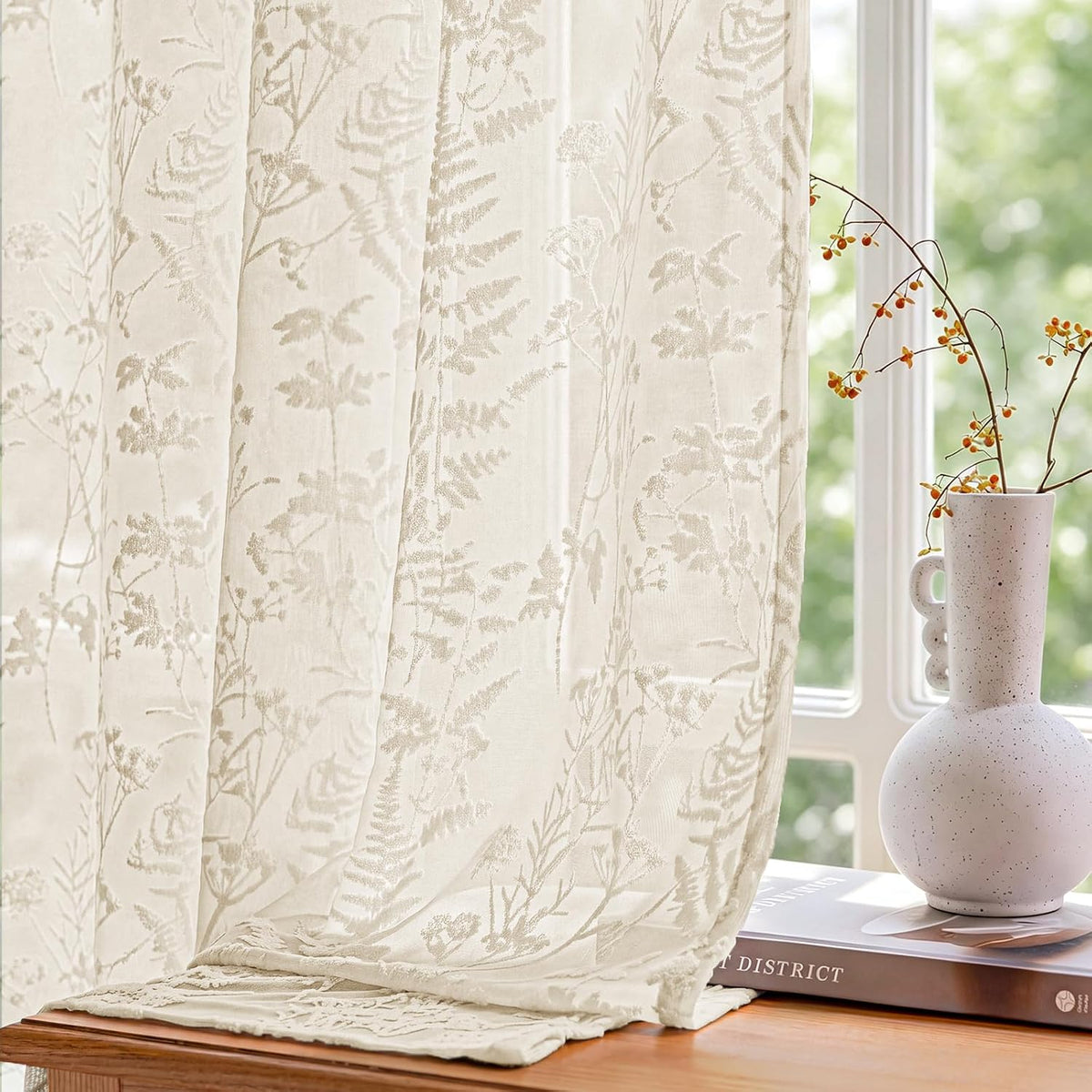 Beige 3D Floral Semi Sheer Curtains, 52W x 84L, 2 Panels