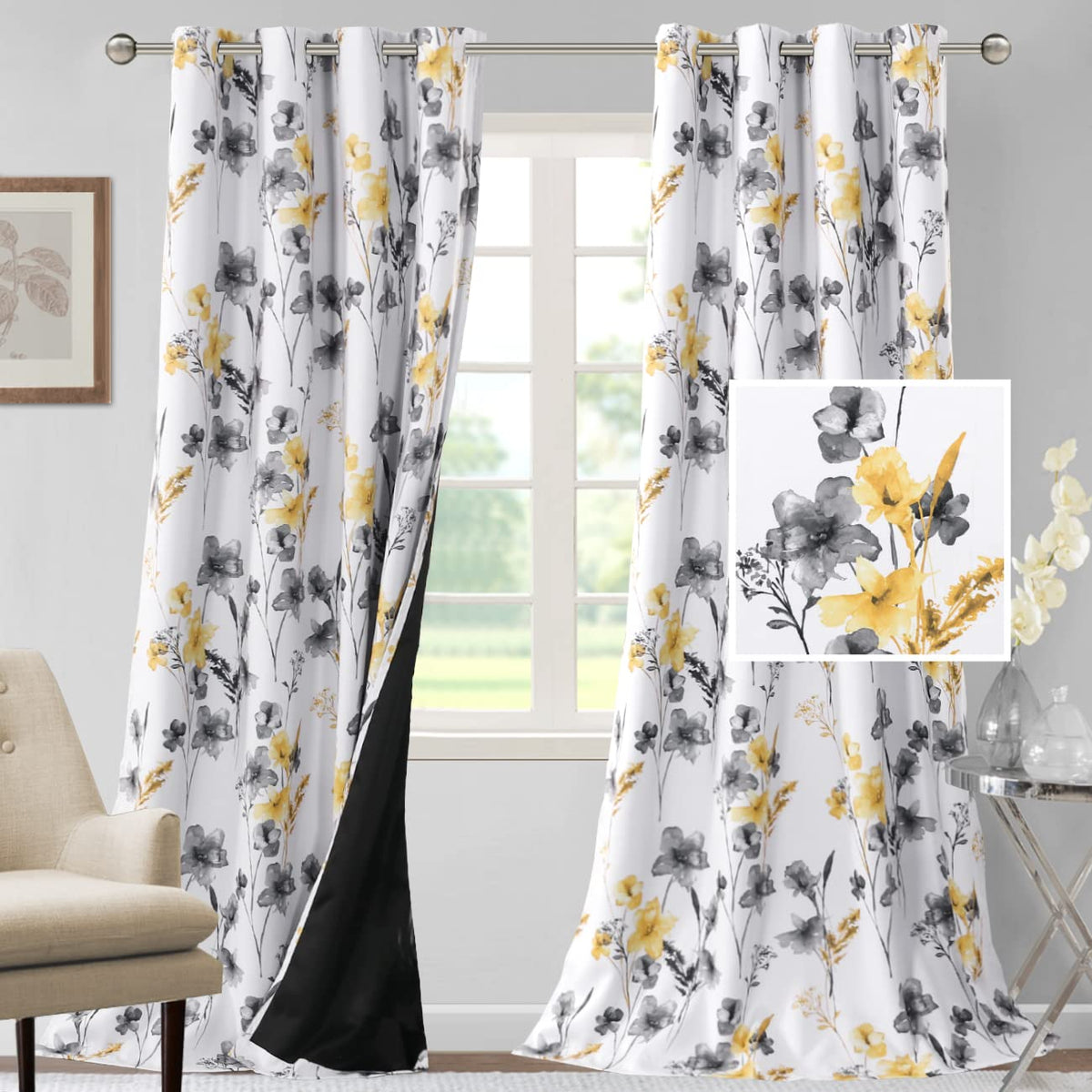 H.VERSAILTEX 100% Blackout Curtains 84 inch Length 2 Panels Set Cattleya Floral Printed Drapes Leah Floral Thermal Curtains for Bedroom with Black Liner Sound Proof Curtains, Grey and Taupe