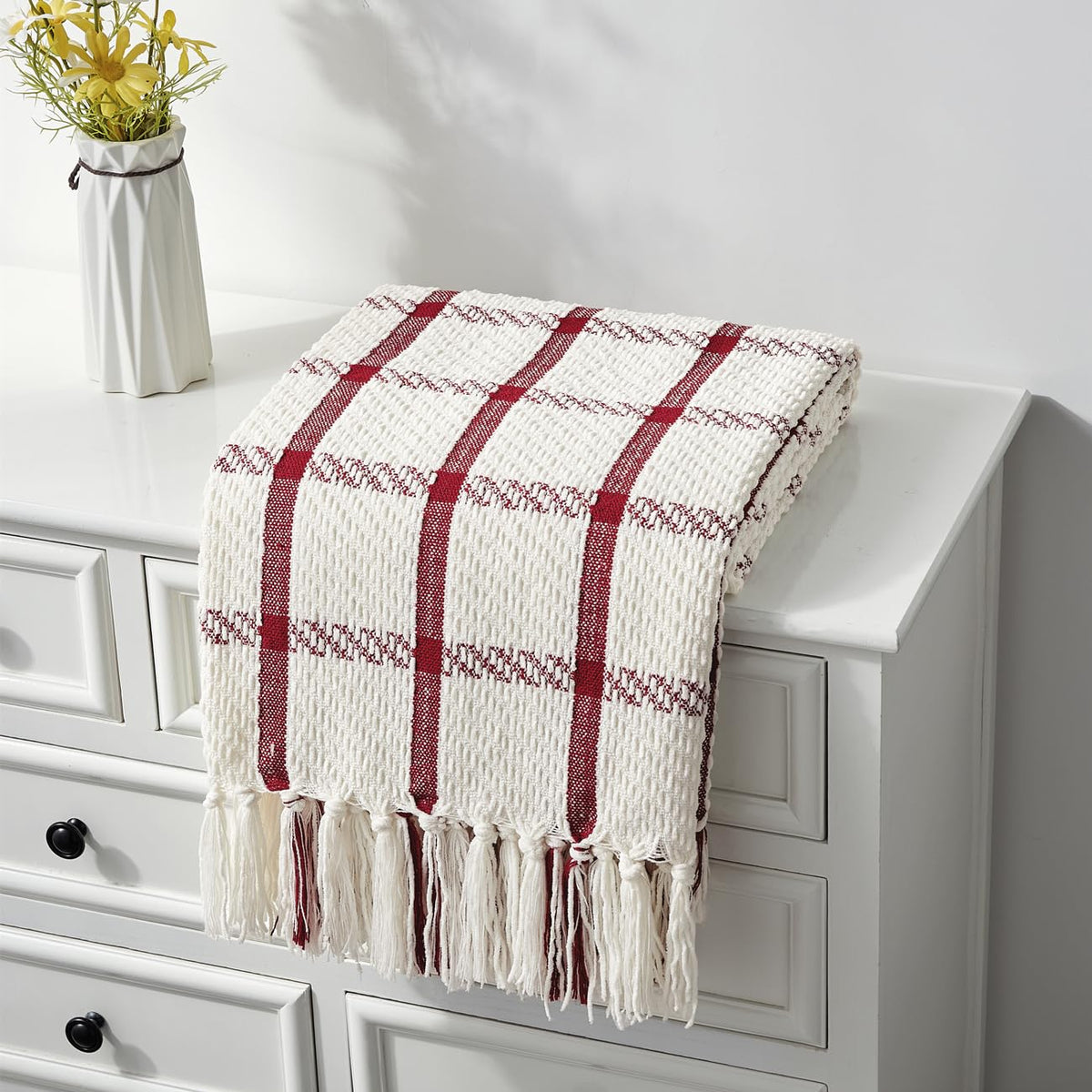 CREVENT Farmhouse Boho Knitted Throw Blanket for Couch Sofa Chair Bed Home Decoration, Soft Warm Cozy Light Weight for Spring Summer Fall (50''X60'' Off White/Ivory/Cream)