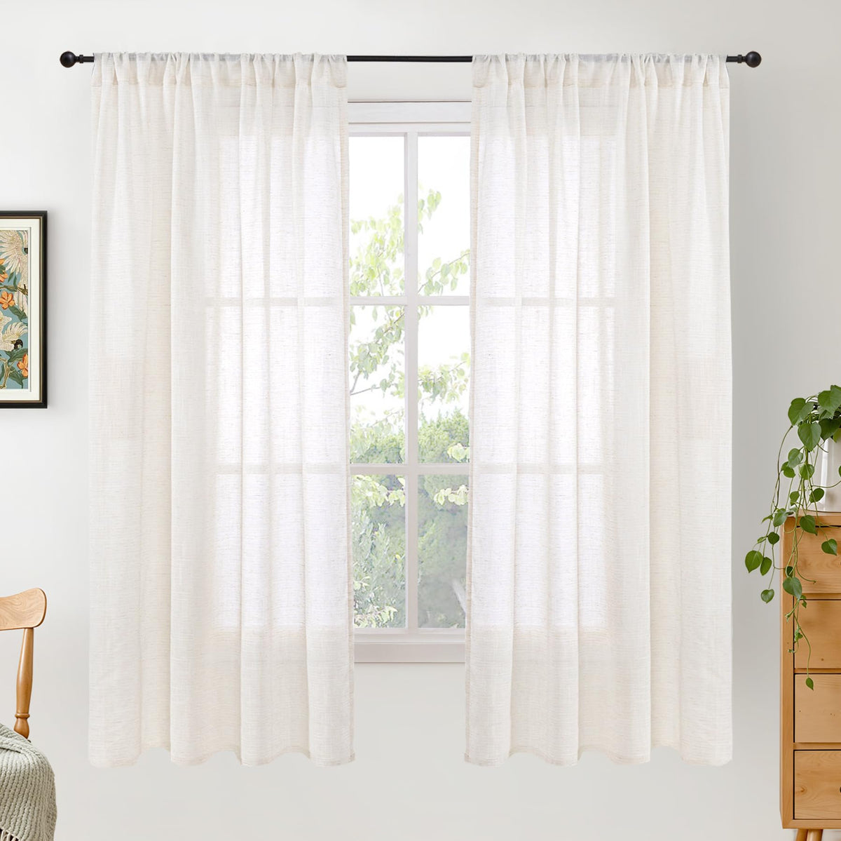 BGment Tan Linen Curtains 84 Inch Length 2 Panels Burlap Semi Sheer Drapes