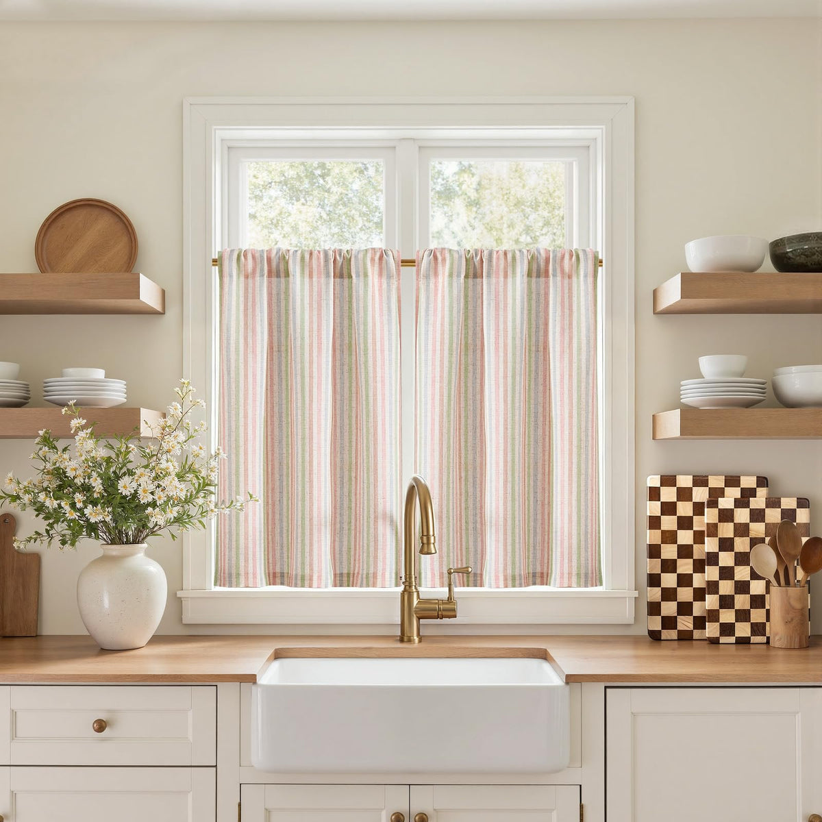 jinchan Striped Linen Kitchen Curtains 36 Inches Length Tier Curtains Farmhouse Modern Cafe Style Small Window Treatments Airy Light Filtering Rod Pocket for Living Room Bathroom 2 Panels Sage Green