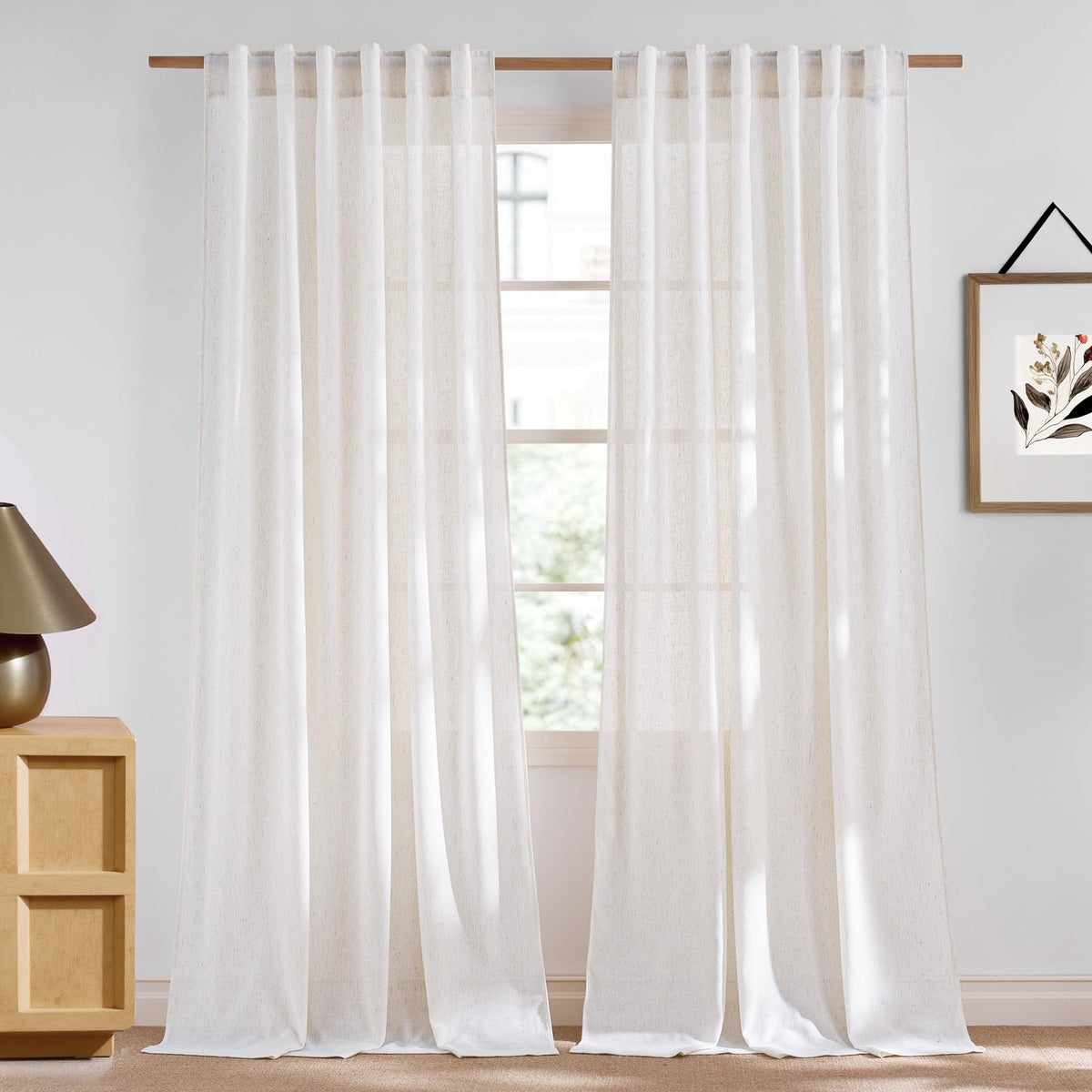 NICETOWN Flax Sheer Linen Curtains for Living Room 95 inch Long 2 Panels, Rod Pocket & Back Tab Semi Sheer Drapes Privacy Added with Light Filtering for Bedroom/Living Room, Natural, W55 x L95