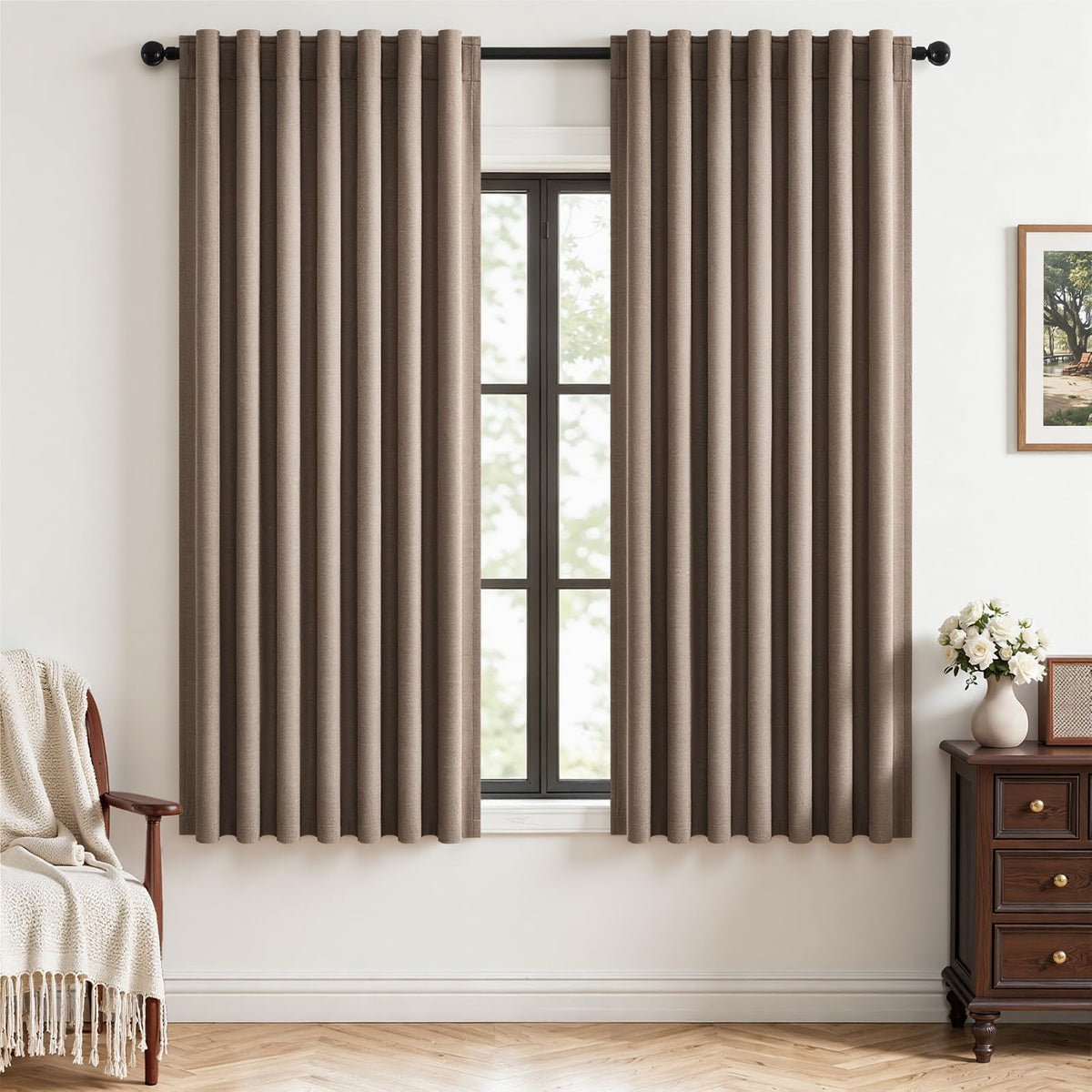 Topfinel Linen Blackout Curtains 96 Inch Long, Boho Farmhouse Ivory Birch Viral Drapes Pinch Pleated Curtains with Hooks for Living Room, Neutral 8 FT Back Tab Bedroom Curtains 52" X 96" 2 Panels