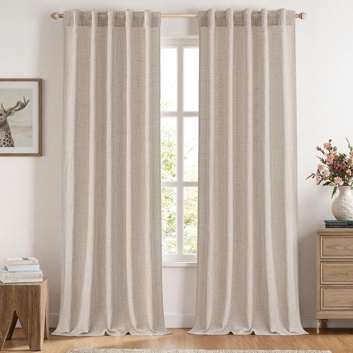 MIULEE Faux Linen Curtains 90 Inch Length 2 Panels Natural Semi Sheer Curtain with Back Tab Rod Pocket, Light Filtering Window Privacy Burlap Drapes for Living Room Bedroom 42W x 90L Linen