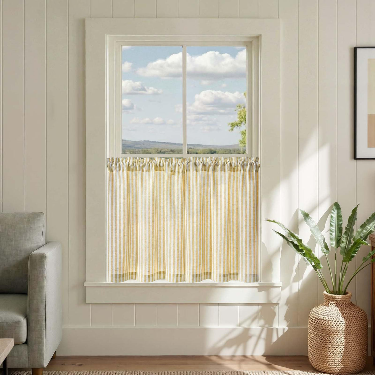 jinchan Striped Linen Kitchen Curtains 36 Inches Length Tier Curtains Farmhouse Modern Cafe Style Small Window Treatments Airy Light Filtering Rod Pocket for Living Room Bathroom 2 Panels Sage Green
