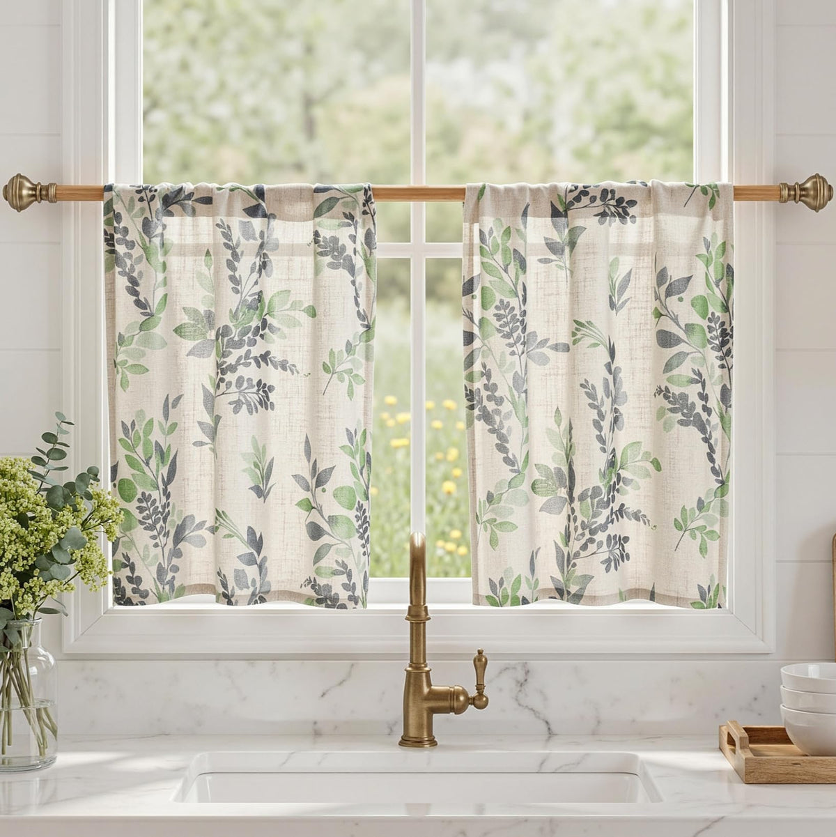 MYSKY HOME Floral Curtains 72 inch for Living Room Linen Semi Sheer Light Filtering Privacy Protect Lightweight Drapes Decor Farmhouse Soft Touch for Dining Room, Yellow, 52" Wide, 2 Panels