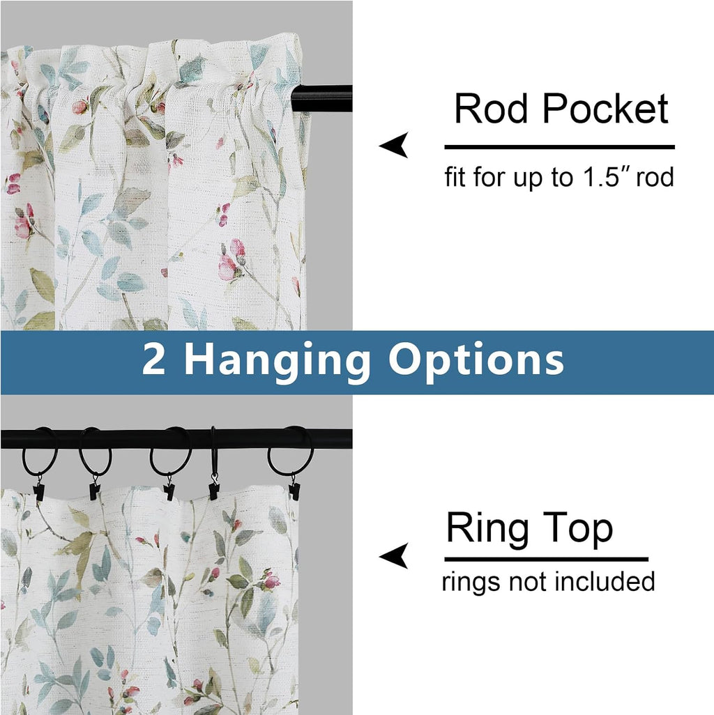 Chyhomenyc Roman Linen Blend Curtains 45 Inch Length 2 Panels, Light Filtering Soft Airy Leaf Floral Printed Rod Pocket Textured Window Treatment Drapes for Living Room Bedroom, 38Wx45L Inch, 2 PCS
