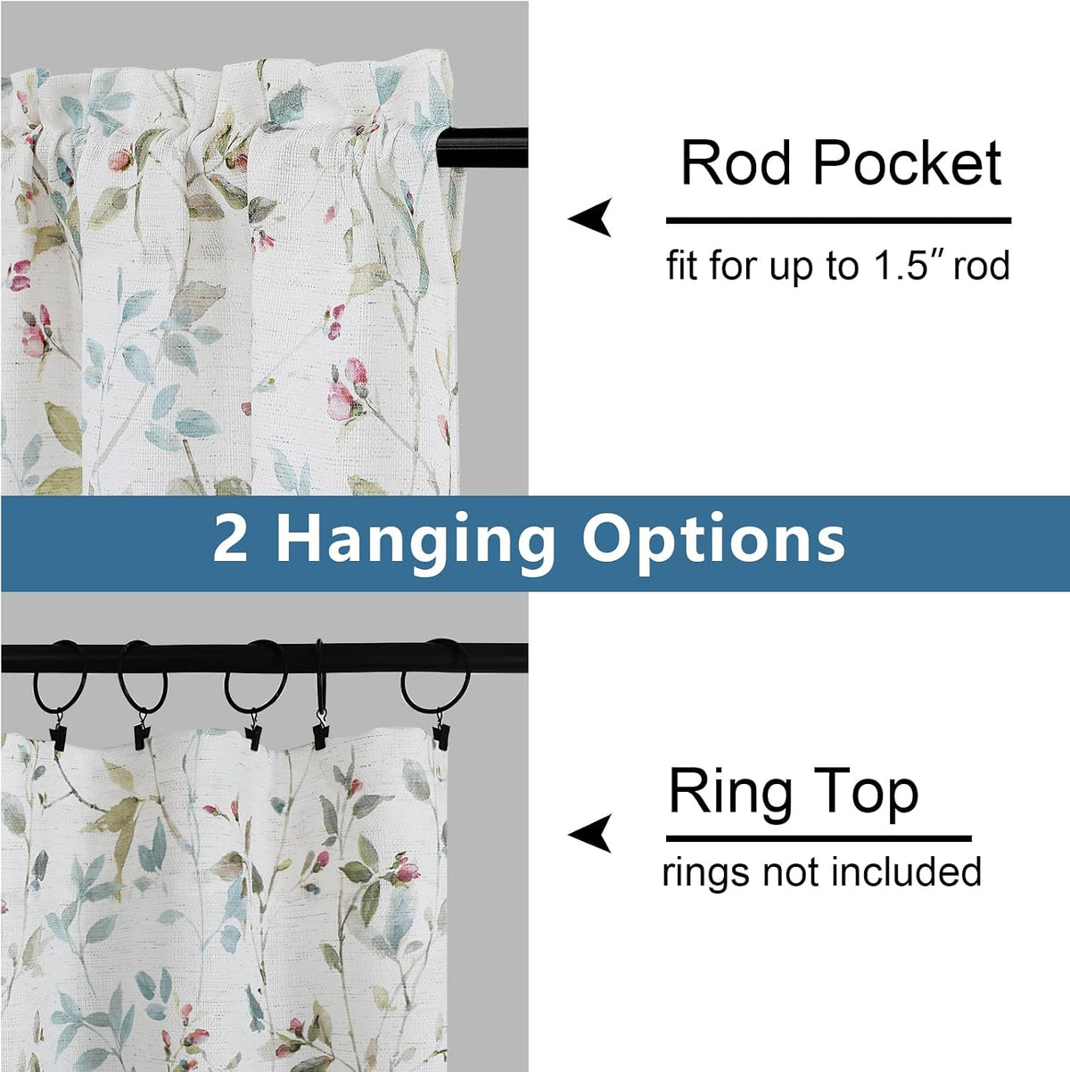Chyhomenyc Roman Linen Blend Curtains 45 Inch Length 2 Panels, Light Filtering Soft Airy Leaf Floral Printed Rod Pocket Textured Window Treatment Drapes for Living Room Bedroom, 38Wx45L Inch, 2 PCS