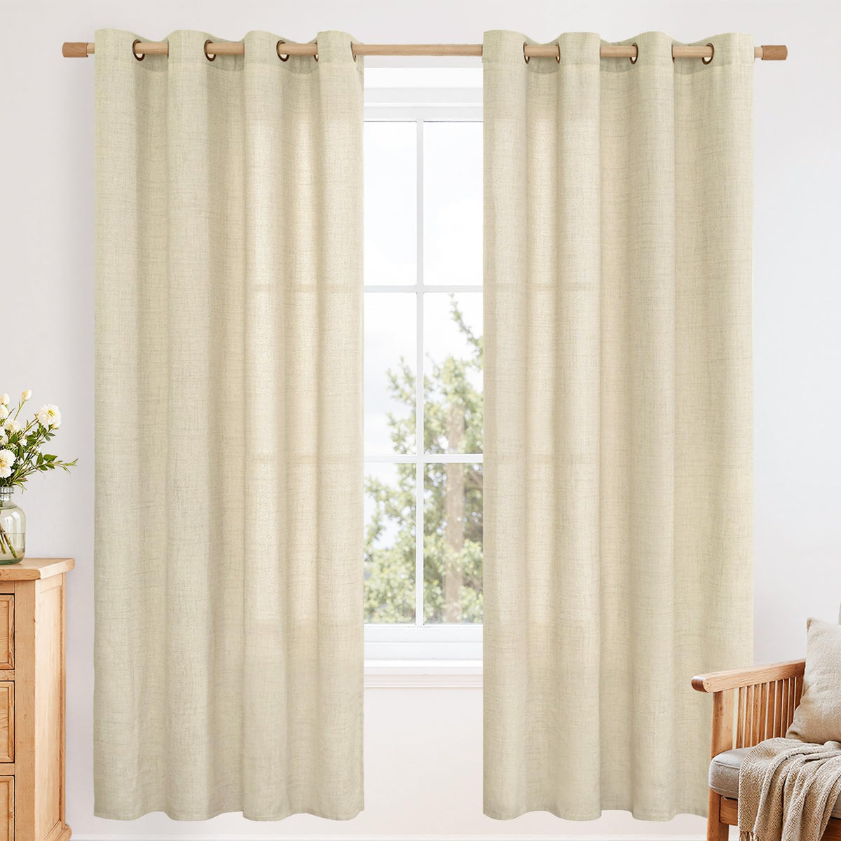 YoungsTex Linen Semi Sheer Curtains 63 Inch Length, Light Filtering Drapes