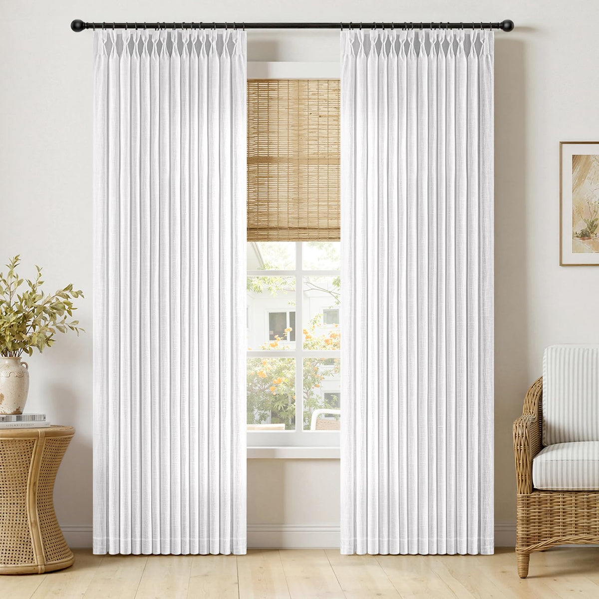 MIULEE Pinch Pleated Linen Curtains 96 Inches Long Beige White 2 Panels