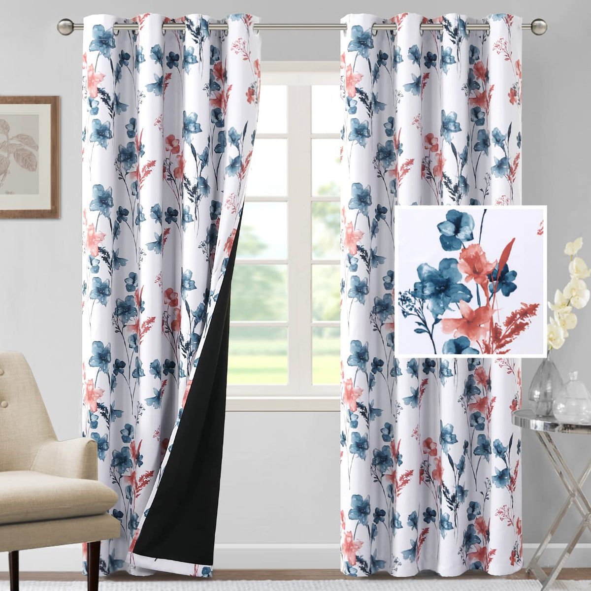H.VERSAILTEX 100% Blackout Curtains 84 inch Length 2 Panels Set Cattleya Floral Printed Drapes Leah Floral Thermal Curtains for Bedroom with Black Liner Sound Proof Curtains, Grey and Taupe