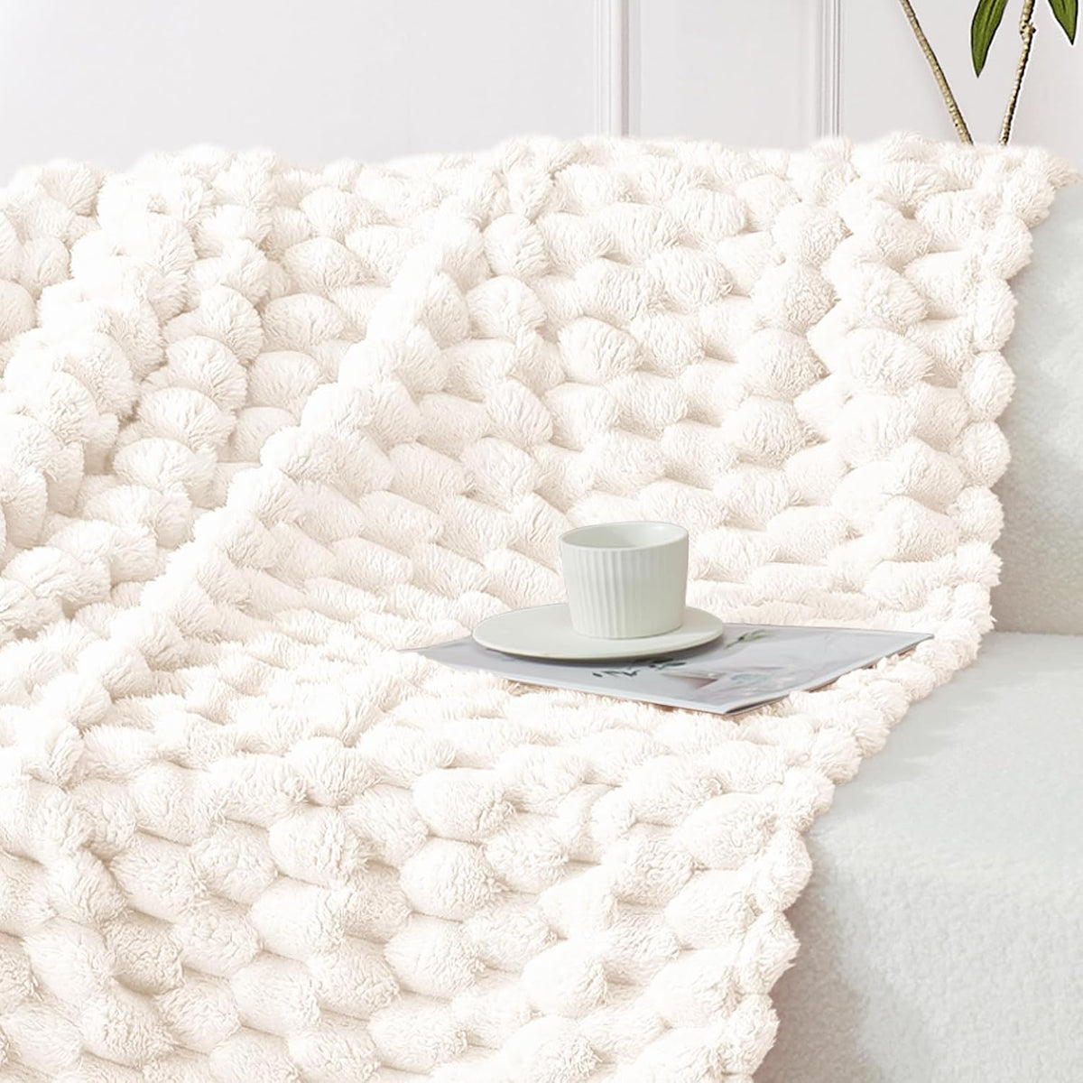 Whale Flotilla Soft 3D Jacquard Fleece Throw Blanket for Couch & Bed, Ivory