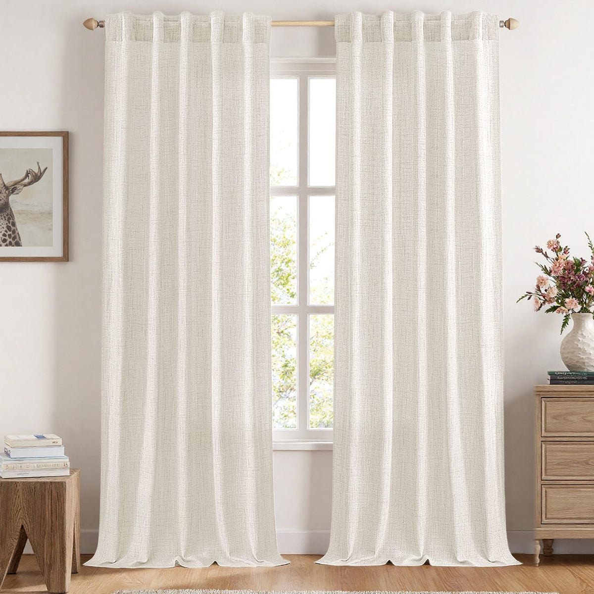 MIULEE Faux Linen Curtains 90 Inch Length 2 Panels Natural Semi Sheer Curtain with Back Tab Rod Pocket, Light Filtering Window Privacy Burlap Drapes for Living Room Bedroom 42W x 90L Linen
