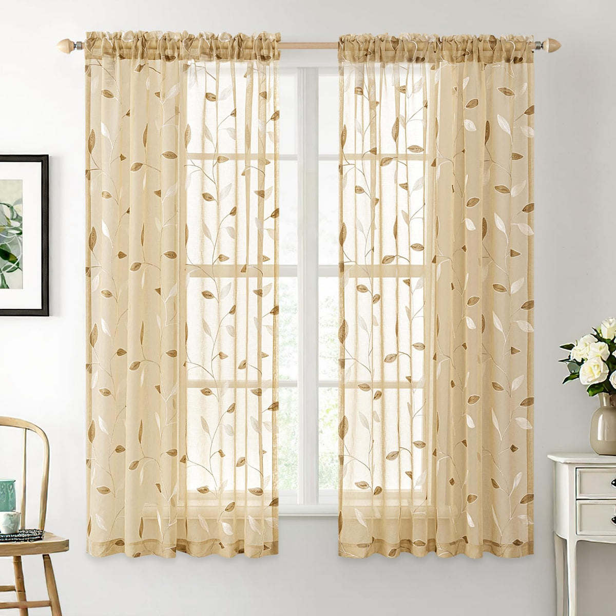 MIULEE Sage Green Sheer Curtains 2 Panels Leaf Patterned, W52 x L84