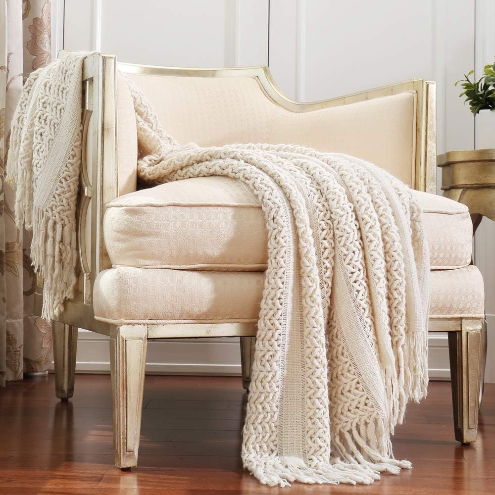 CREVENT Farmhouse Boho Knitted Throw Blanket for Couch Sofa Chair Bed Home Decoration, Soft Warm Cozy Light Weight for Spring Summer Fall (50''X60'' Off White/Ivory/Cream)