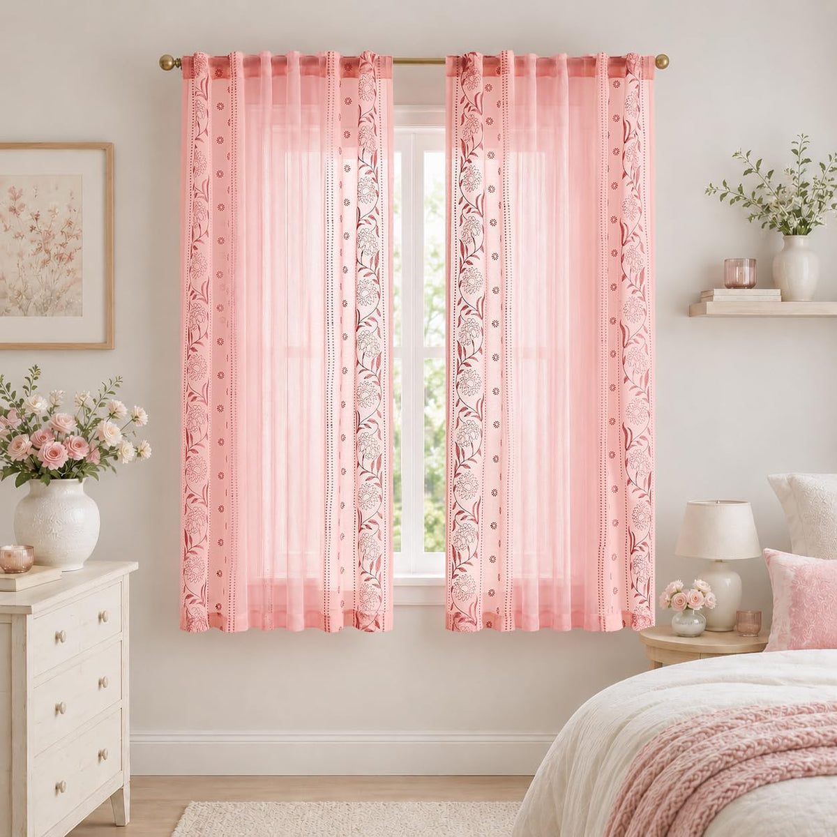 jinchan Sage Floral Linen Curtains for Living Room 84" Back Tab 2 Panels