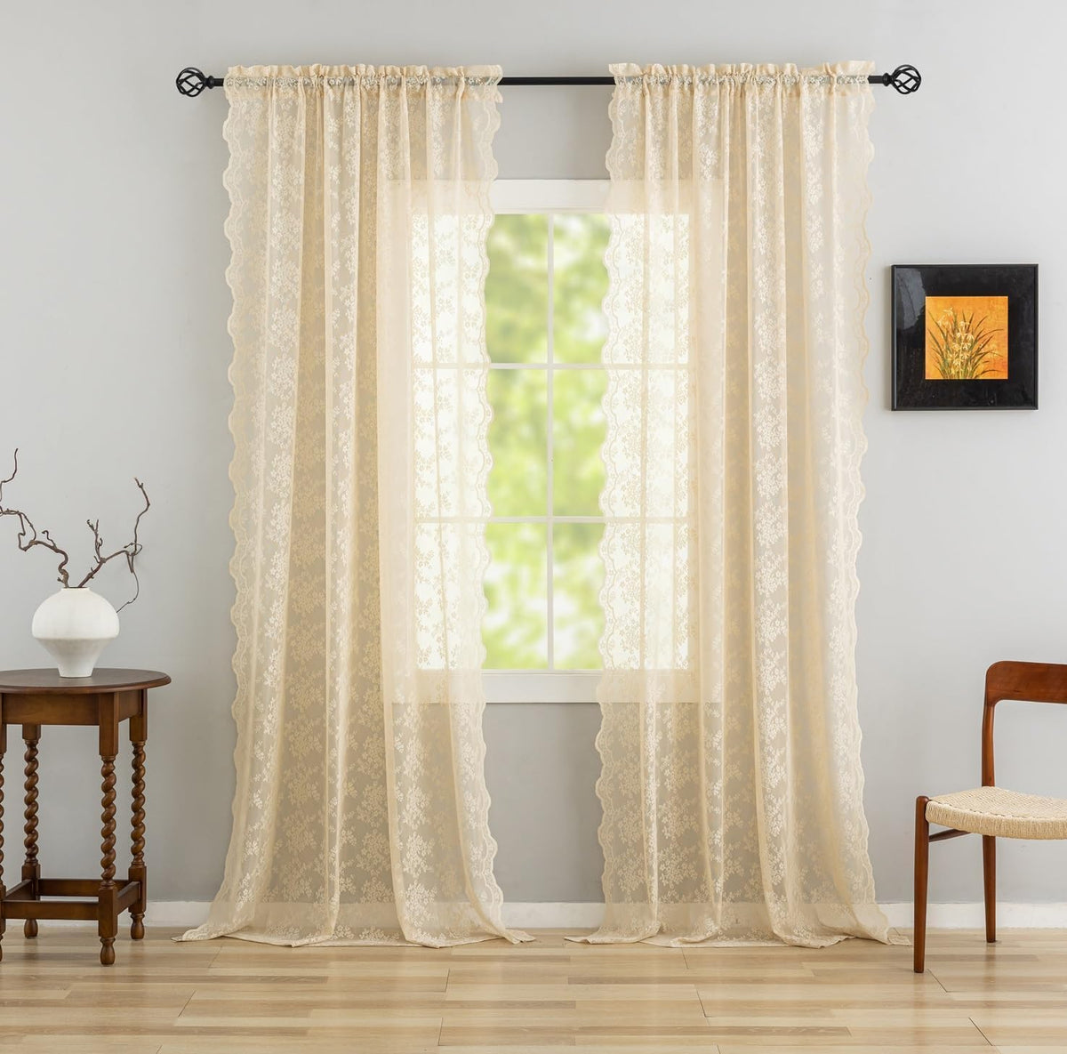 YJ YANJUN Vintage Lace Curtains 84 Inches Long-Victorian Floral Pattern Ivory Sheer Curtain Panels for Living Room Bedroom French Door, Light Filtering Drapes, 2 Panels 52W x 84L Cream