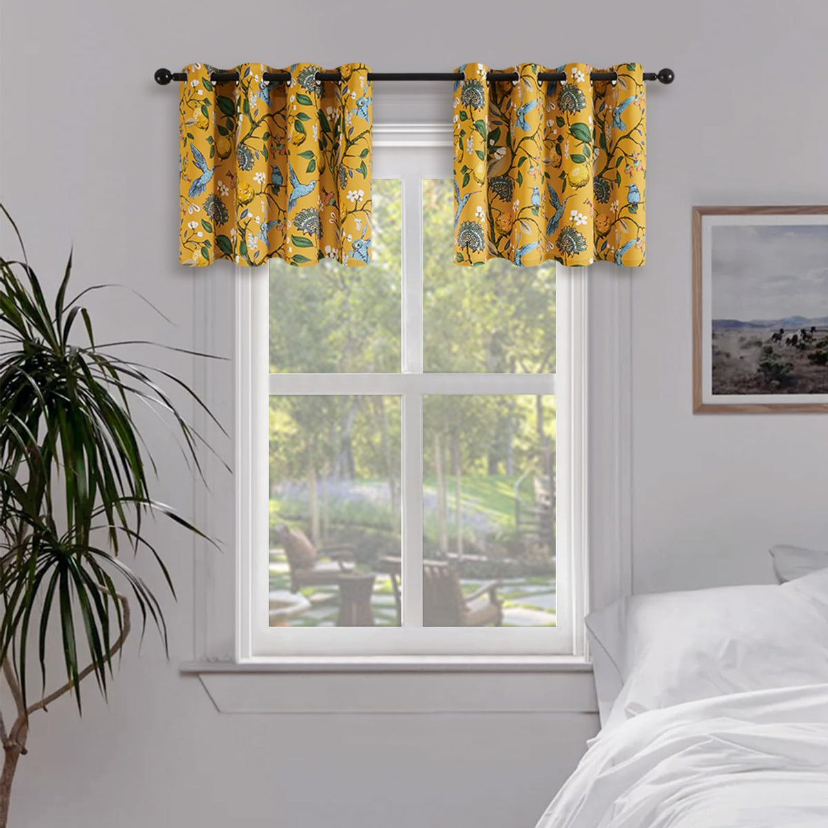 Topfinel Mustard Yellow Vintage Curtains & Drapes 84 Inches Long, Grommet Luxury Whimsical Floral Lemon Hummingbird Patterned Waverly Mid Century Colorful Blackout Drapes for Living Room Bedroom