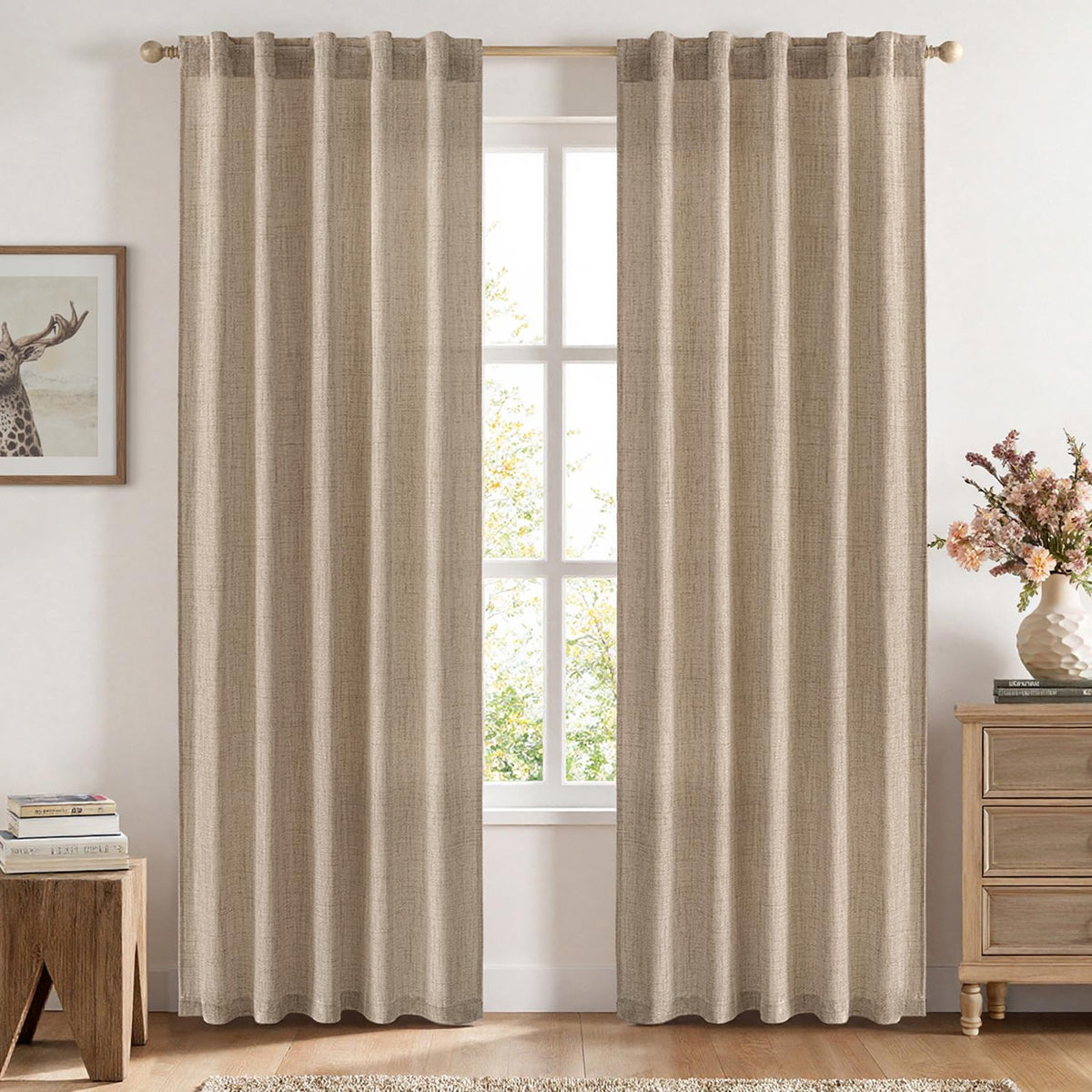 MIULEE Faux Linen Curtains 90 Inch Length 2 Panels Natural Semi Sheer Curtain with Back Tab Rod Pocket, Light Filtering Window Privacy Burlap Drapes for Living Room Bedroom 42W x 90L Linen