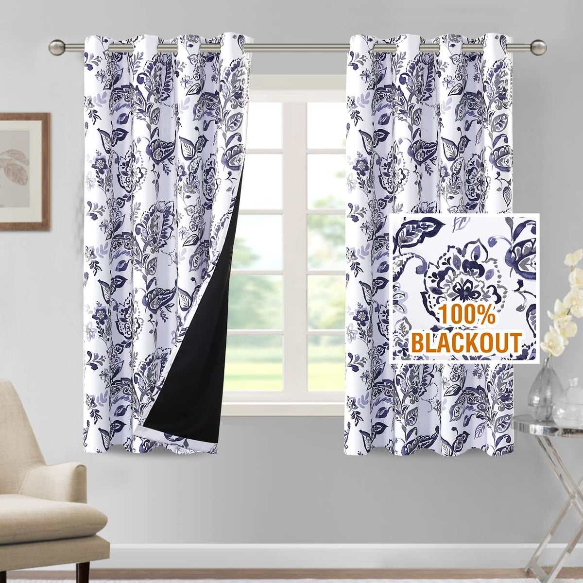H.VERSAILTEX 100% Blackout Curtains 84 inch Length 2 Panels Set Cattleya Floral Printed Drapes Leah Floral Thermal Curtains for Bedroom with Black Liner Sound Proof Curtains, Grey and Taupe