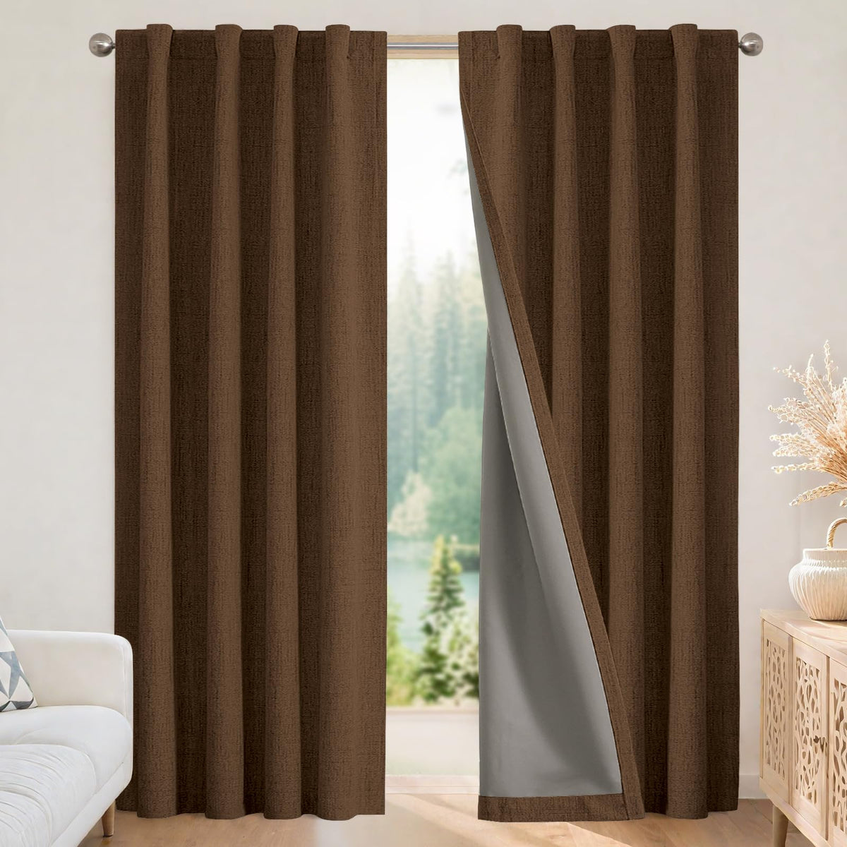 Joydeco Blackout Curtains for Bedroom - 84 Inch Long 100% Light Blocking 2 Panels Light Beige Drapes, Thermal Insulated Room Darkening Curtains, Linen Textured for Living Room, Rod Pocket & Back Tabs