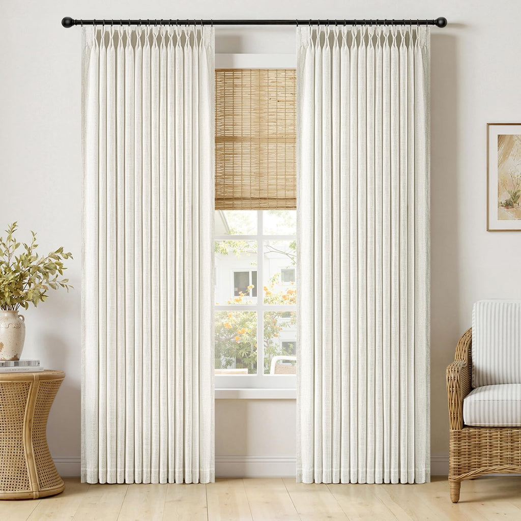 MIULEE Pinch Pleated Linen Curtains 96 Inches Long Beige White 2 Panels