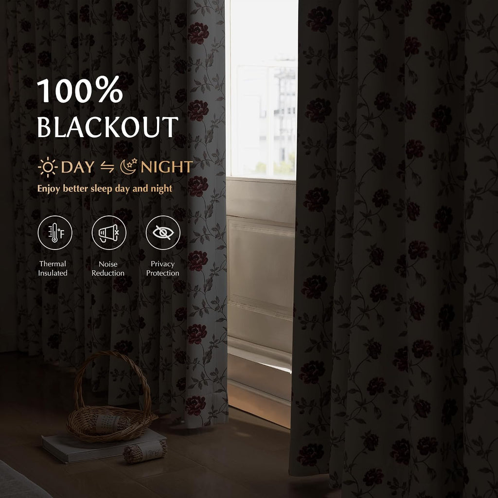 Beauoop Floral 100% Blackout Curtains for Bedroom Red Brown 52x84 2 Panels