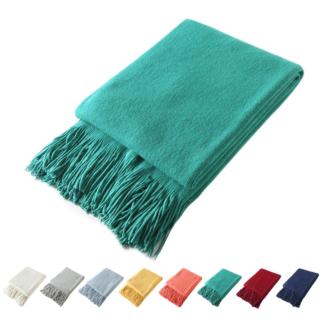Homiest Pale Blue Knitted Throw Blanket with Fringe, 50x60 Inch