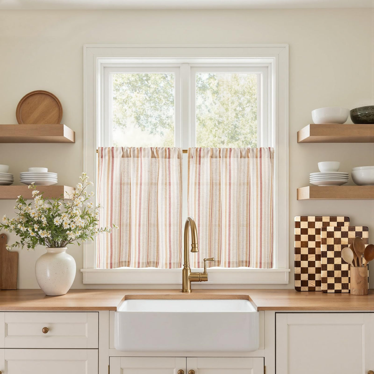 jinchan Striped Linen Kitchen Curtains 36 Inches Length Tier Curtains Farmhouse Modern Cafe Style Small Window Treatments Airy Light Filtering Rod Pocket for Living Room Bathroom 2 Panels Sage Green