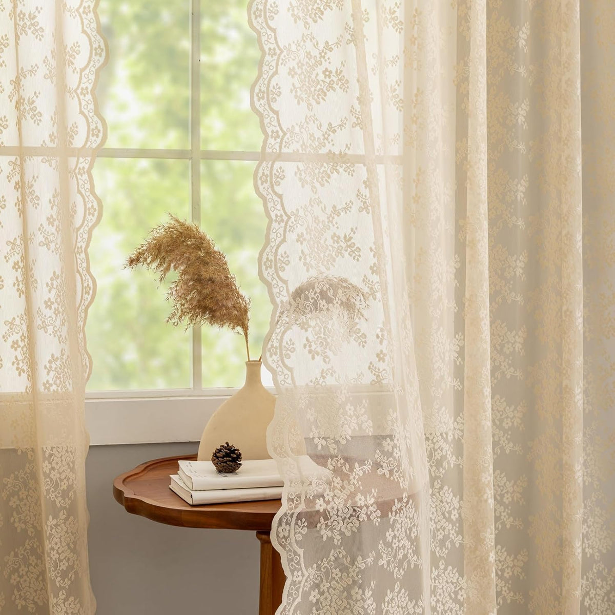 YJ YANJUN Vintage Lace Curtains 84 Inches Long-Victorian Floral Pattern Ivory Sheer Curtain Panels for Living Room Bedroom French Door, Light Filtering Drapes, 2 Panels 52W x 84L Cream