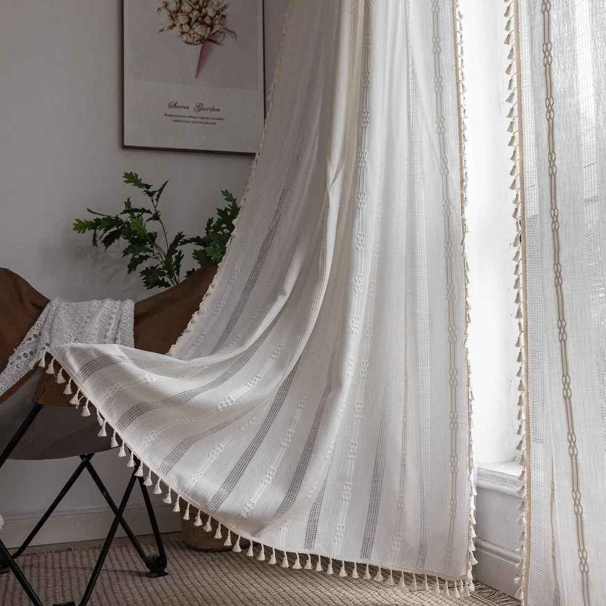 Linen Curtains 84 Inches Long - Embroidery Striped Farmhouse for Living Room, Tassel Boho for Bedroom, Light Filtering 2 Panels Set Rod Pocket Drapes (52" W x 84" L, Khaki)