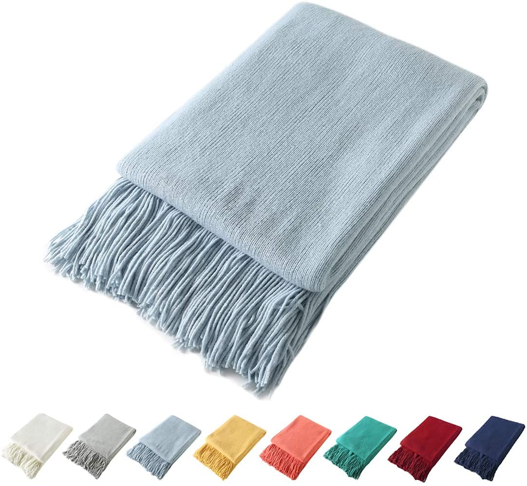 Homiest Pale Blue Knitted Throw Blanket with Fringe, 50x60 Inch