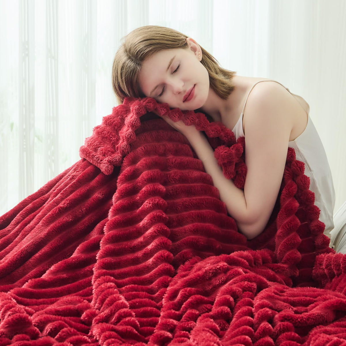 NEWCOSPLAY Fleece Ribbed Cozy Throw Blanket for Couch, Pink, 50"x60"