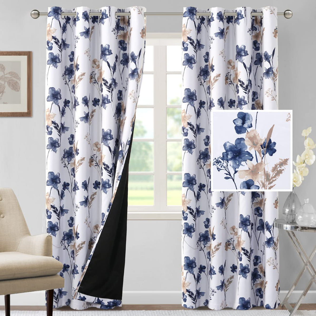 H.VERSAILTEX 100% Blackout Curtains 84 inch Length 2 Panels Set Cattleya Floral Printed Drapes Leah Floral Thermal Curtains for Bedroom with Black Liner Sound Proof Curtains, Grey and Taupe