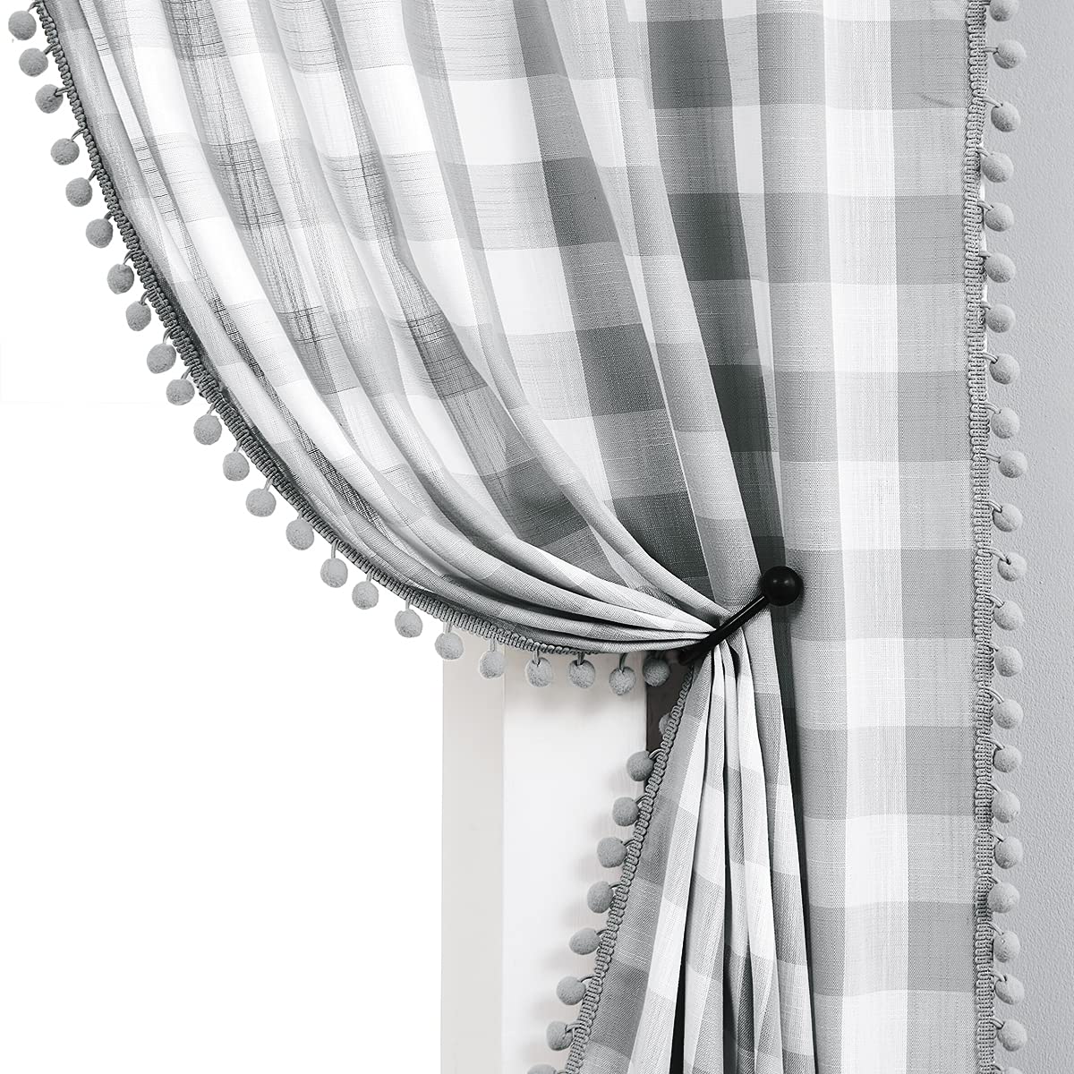 White Black Buffalo Check Curtains with PomPoms 45" SemiSheer Country Plaid