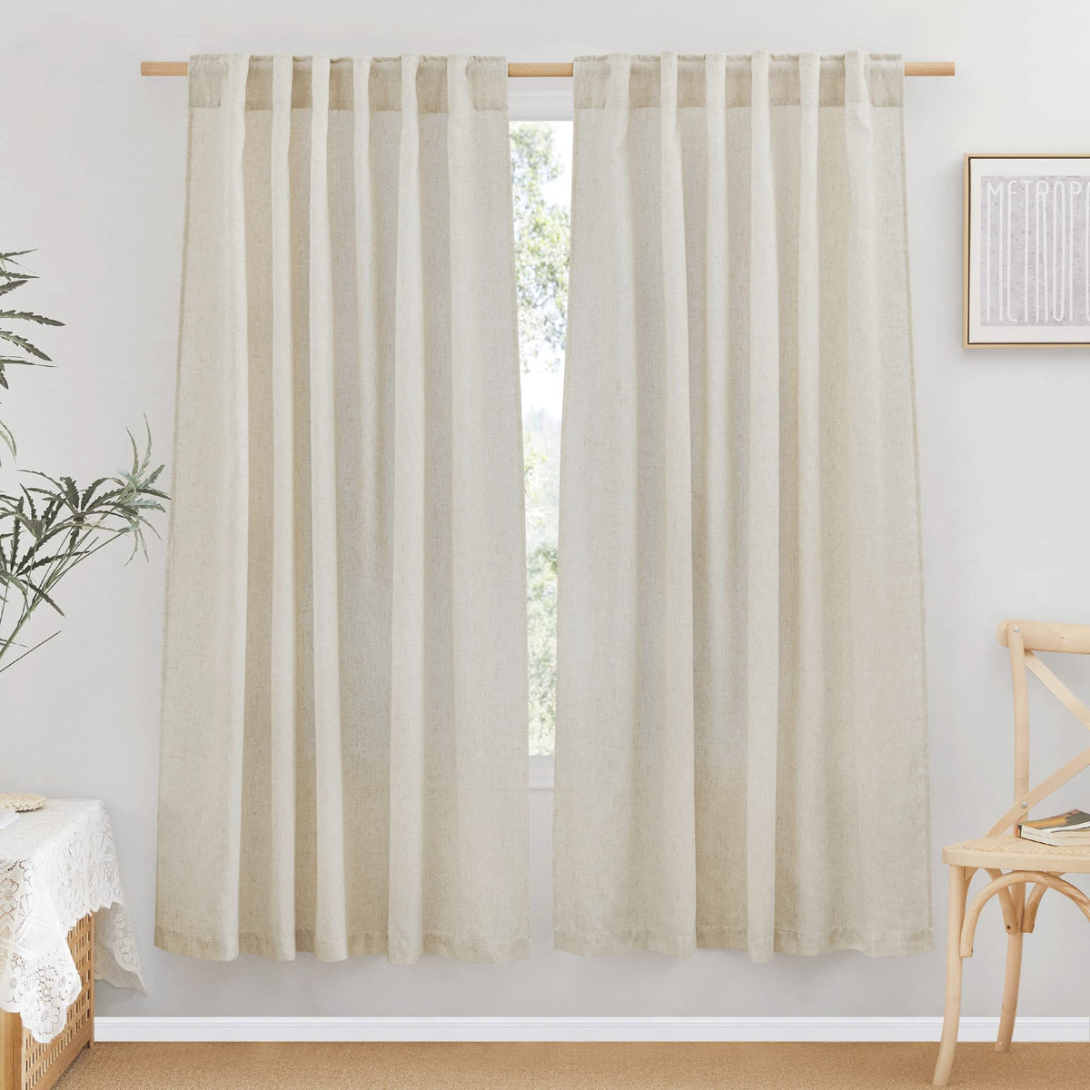 NICETOWN Flax Sheer Linen Curtains for Living Room 95 inch Long 2 Panels, Rod Pocket & Back Tab Semi Sheer Drapes Privacy Added with Light Filtering for Bedroom/Living Room, Natural, W55 x L95