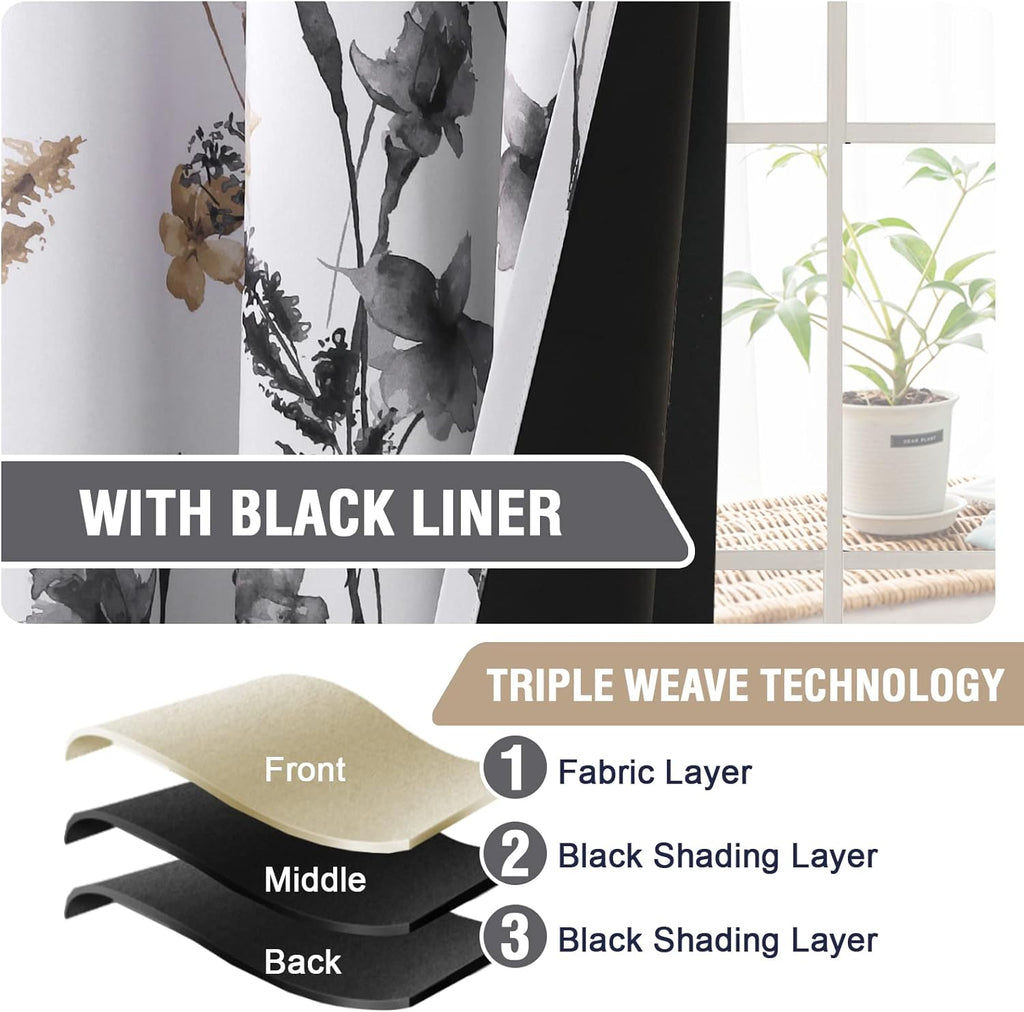 H.VERSAILTEX 100% Blackout Curtains 84 inch Length 2 Panels Set Cattleya Floral Printed Drapes Leah Floral Thermal Curtains for Bedroom with Black Liner Sound Proof Curtains, Grey and Taupe