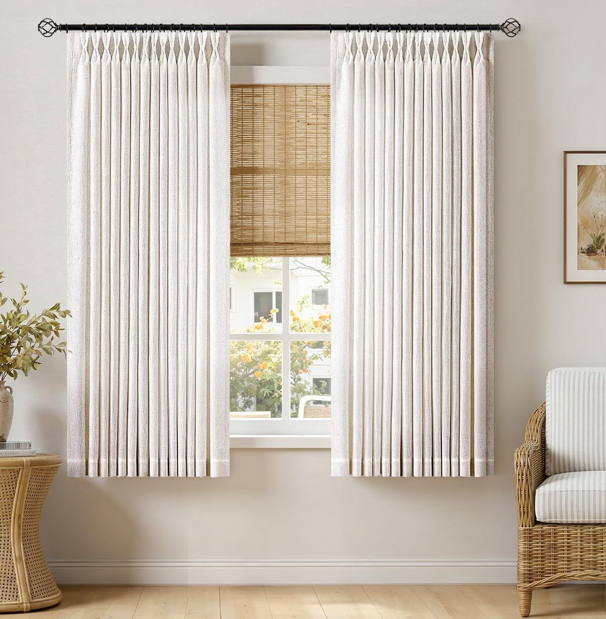 MIULEE Pinch Pleated Linen Curtains 96 Inches Long Beige White 2 Panels