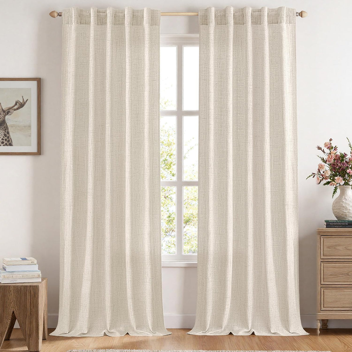 MIULEE Faux Linen Curtains 90 Inch Length 2 Panels Natural Semi Sheer Curtain with Back Tab Rod Pocket, Light Filtering Window Privacy Burlap Drapes for Living Room Bedroom 42W x 90L Linen