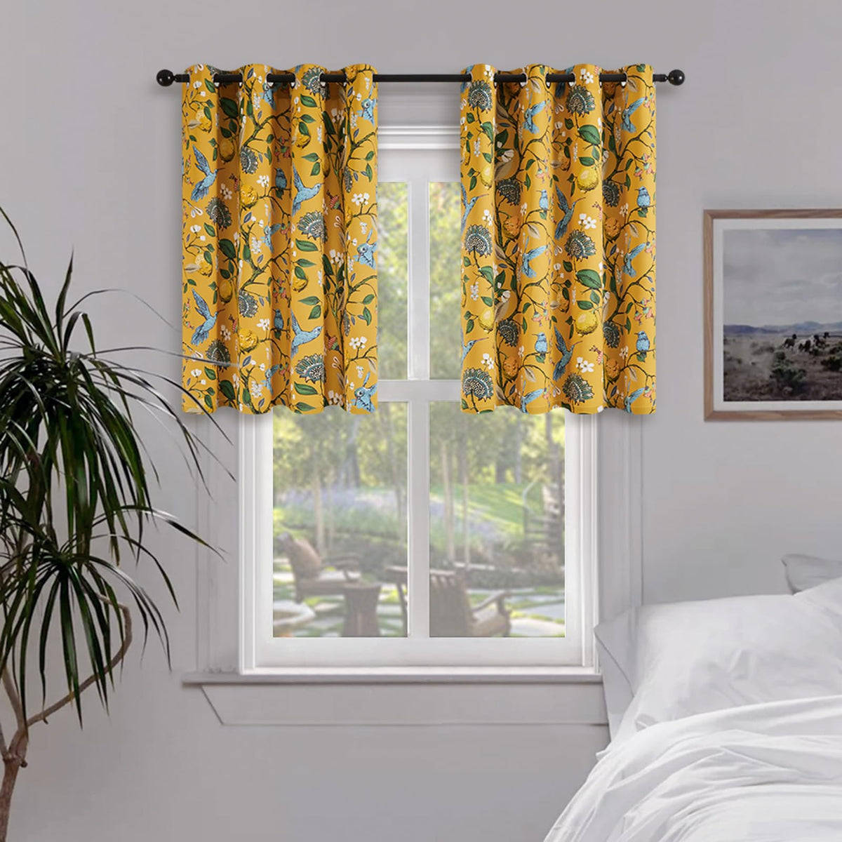 Topfinel Mustard Yellow Vintage Curtains & Drapes 84 Inches Long, Grommet Luxury Whimsical Floral Lemon Hummingbird Patterned Waverly Mid Century Colorful Blackout Drapes for Living Room Bedroom