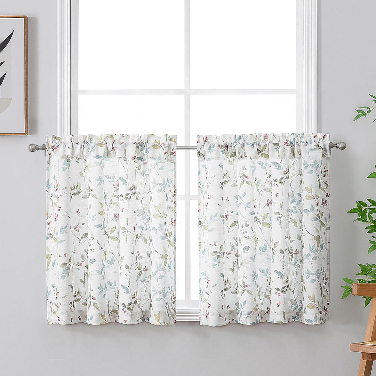 Chyhomenyc Roman Linen Blend Curtains 45 Inch Length 2 Panels, Light Filtering Soft Airy Leaf Floral Printed Rod Pocket Textured Window Treatment Drapes for Living Room Bedroom, 38Wx45L Inch, 2 PCS